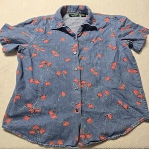 Lemon Grass Studio Cherry Denim Shirt Womens Medium M Short Sleeve Cotton Button